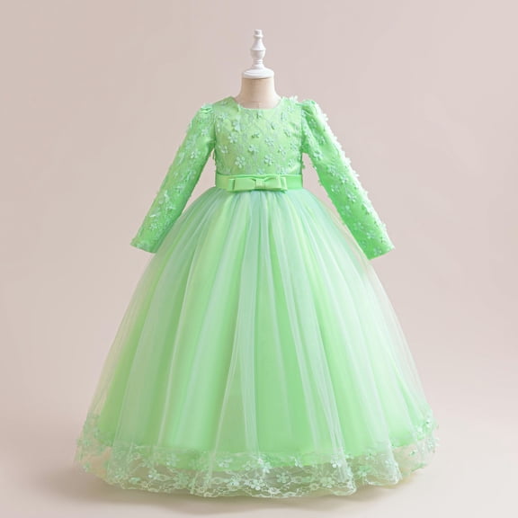BRGZLK Girls Flower Dresses Solid Color Long Sleeve Round Neck Gown Flower Girl Host Stage Performance Maxi Princess Dress Green 3-4 Years