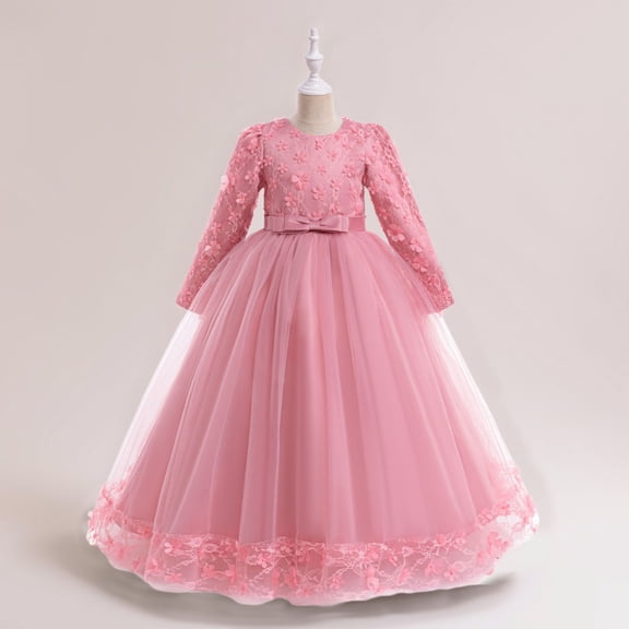 BRGZLK Girls Flower Dresses Solid Color Long Sleeve Round Neck Gown Flower Girl Host Stage Performance Maxi Princess Dress Pink 11-12 Years
