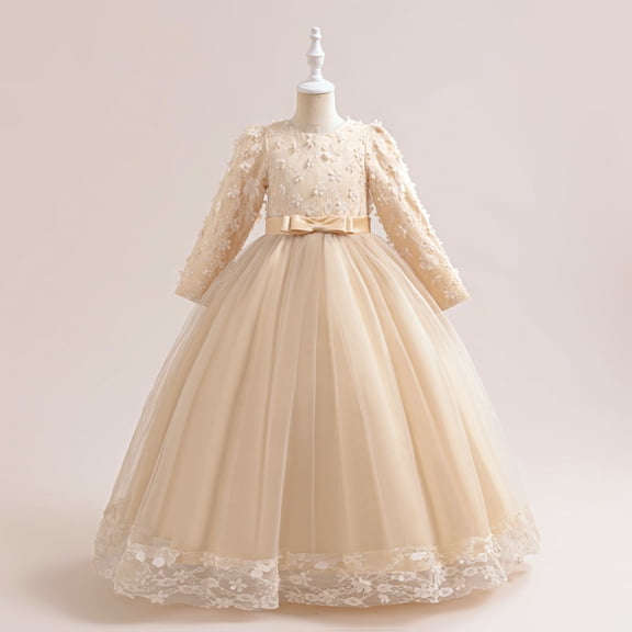 BRGZLK Girls Flower Dresses Solid Color Long Sleeve Round Neck Gown Flower Girl Host Stage Performance Maxi Princess Dress Rose Gold 3-4 Years