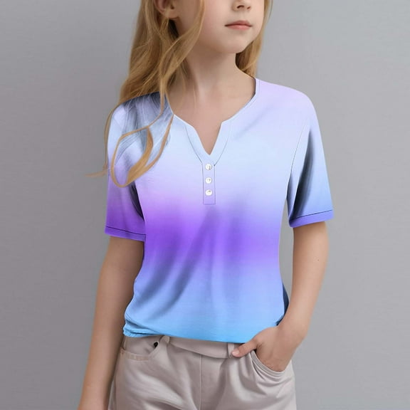 BRGZLK Girls Funny Short Sleeve Tops Funny Graphic 3/4 Sleeve Round Neck Tie Dye Button V Neck Trendy Casual Tunic Tops Holiday Clothes Purple 11-12 Years