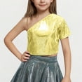 thumbnail image 1 of BRGZLK Girls Glitter Metallic Dance Crop Tops Solid Color Kids Laser Shiny One ShoulderShort Sleeve Exposed Waist Tops Performance Costume Gold 13-14 Years, 1 of 4