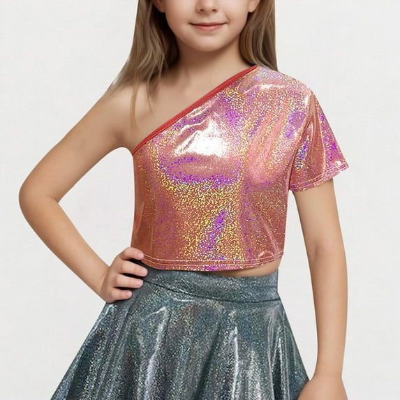 BRGZLK Girls Glitter Metallic Dance Crop Tops Solid Color Kids Laser Shiny One ShoulderShort Sleeve Exposed Waist Tops Performance Costume Red 8-9 Years