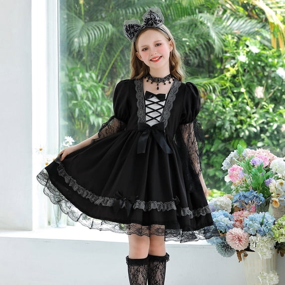 BRGZLK Girls Gothic Dress Novelty Cute Lace Bow Details Puff Sleeve A Line Dress Party Costume Gown for Halloween Parties Cosplay Dress Up,Halloween Witch Costume Black 4-5 Years