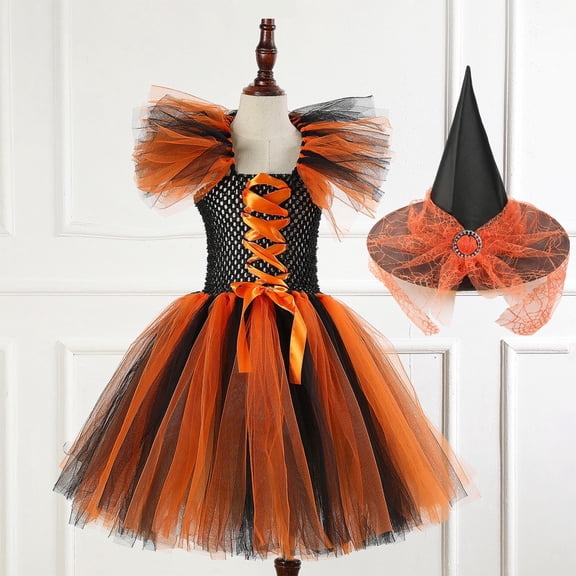 BRGZLK Girls Halloween Tulle Dress, Trendy Color Blocked Flutter Sleeves Costume Set Witch Party Puffed Dress with Hat Orange 10-12 Years