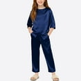 thumbnail image 1 of BRGZLK Girls Homewear Set Solid Color Soft Comfy Imitation Silk Long Sleeve Round Neck Top Shirt and Long Pants Loungwear Two Pieces Set Navy 9-10 Years, 1 of 5