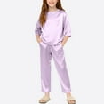 thumbnail image 1 of BRGZLK Girls Homewear Set Solid Color Soft Comfy Imitation Silk Long Sleeve Round Neck Top Shirt and Long Pants Loungwear Two Pieces Set Purple 11-12 Years, 1 of 5