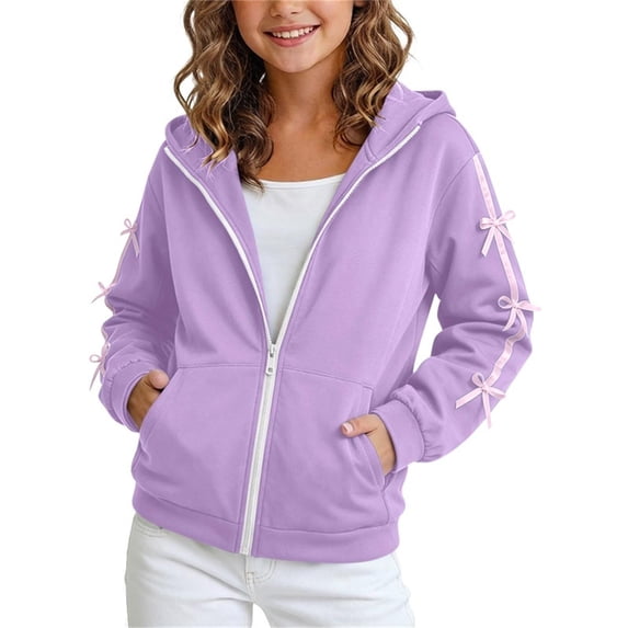 BRGZLK Girls Hoodie Sweatshirt Oversized Full Zip Cute Bow Decor Casual Long Sleeve Sweatshirts Stylish Color Block Jackets with Pockets Kids Fall Clothes Purple 6-7 Years