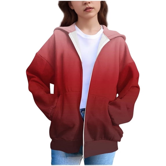 BRGZLK Girls Hoodies Cute Full Zip Gradient Color Long Sleeve Sweatshirts Fall Winter Warm Fashion Casual Outwear for Kids Wine 5-6 Years