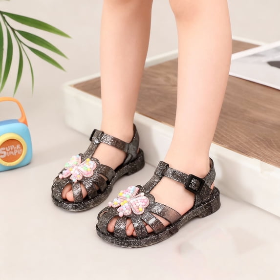 BRGZLK Girls Jelly Sandals Stylish Butterfly Heart Closed Toe Ankle Strap Low Heels Dressy Shoes Summer Trendy Breathable Beach Fisherman Sandals for Party Black 4.5-5 Years