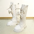 thumbnail image 1 of BRGZLK Girls Lace Up Riding Boots Autumn Winter Cute Pearl Bowknot Lace Up Side Zipper Warm Knee High Riding Boots Trendy Comfort Waterproof Princess Shoes Beige 2.5 Big Kids, 1 of 6