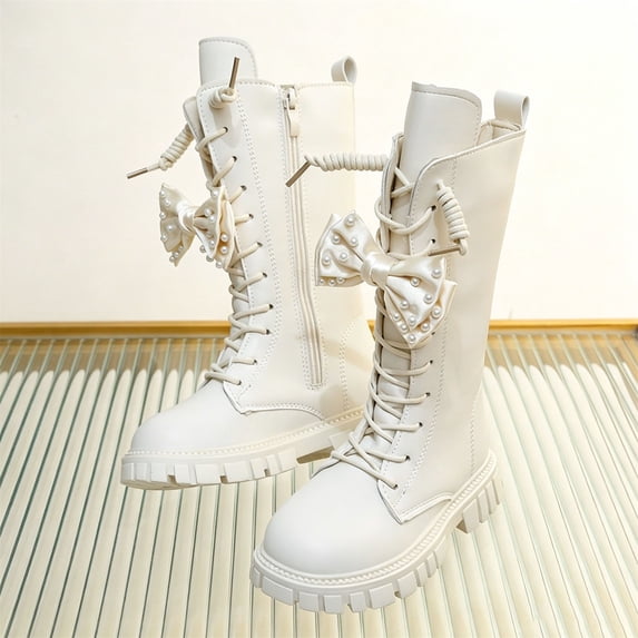 BRGZLK Girls Lace Up Riding Boots Autumn Winter Cute Pearl Bowknot Lace Up Side Zipper Warm Knee High Riding Boots Trendy Comfort Waterproof Princess Shoes Beige 2.5 Big Kids