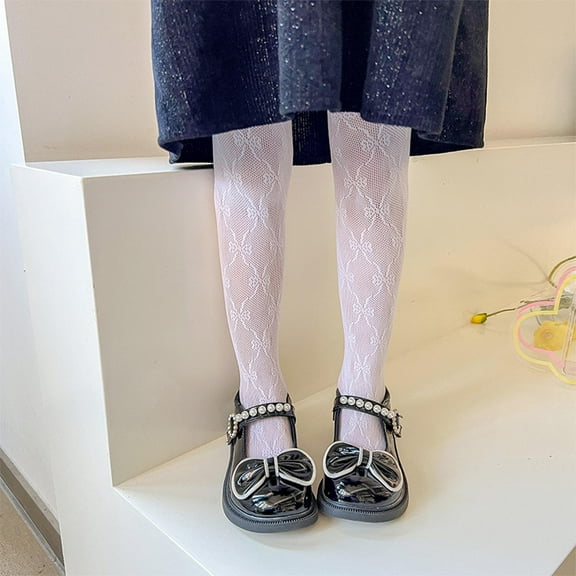 BRGZLK Girls Lace Stockings Kids Sheer Tights Fishnet Hollow Dance Patterned Pantyhose White 5-8 Years