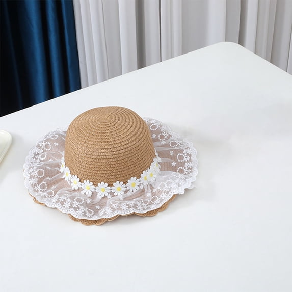 BRGZLK Girls Lace Straw Hat Cute Floral Summer 2026 Outdoor Beach Wide Brim Floppy Woven Sun Protection Elegant Hats Khaki 4-10T