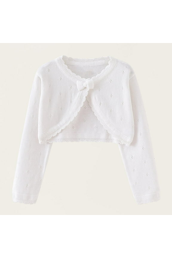 Girls Long Sleeve Bolero Cardigan Kids Cute Solid Color Round Neck Button Closure Knitted Cropped Cardigan Sweater White 7-8 Years