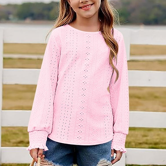 BRGZLK Girls Long Sleeve Hollow Out Sweatshirt Kids Cute Round Neck Casual Solid Color Loose Fit Breathable Pullover Tops Pink 8-10 Years