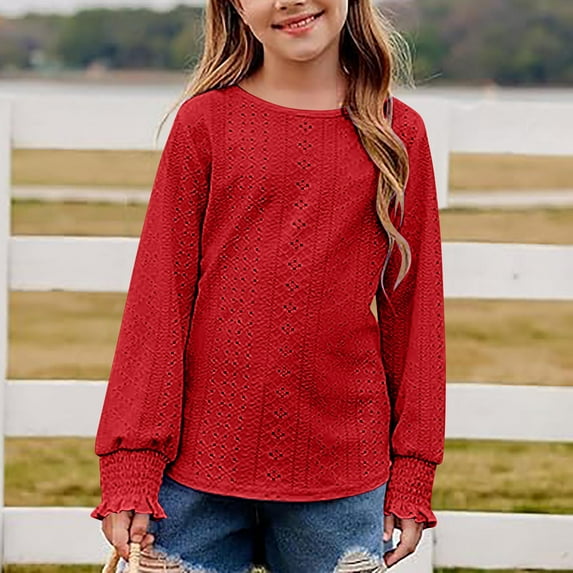 BRGZLK Girls Long Sleeve Hollow Out Sweatshirt Kids Cute Round Neck Casual Solid Color Loose Fit Breathable Pullover Tops Red 12-14 Years