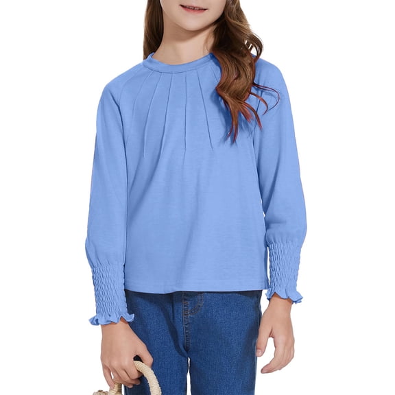 BRGZLK Girls Long Sleeve Shirts School Casual Tops Pleated Trim Crewneck Soft Dressy Basic T-Shirt Blouses Light Blue 7-8 Years