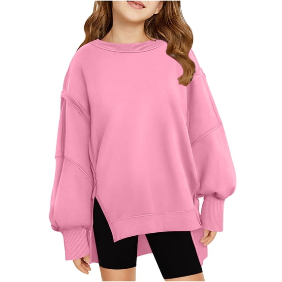 BRGZLK Girls Long Sleeve T-Shirts Kids Fall Winter Trendy Solid Color Ribbed Knit Pullover Loose Casual Round Neck Top Pink 9-10 Years