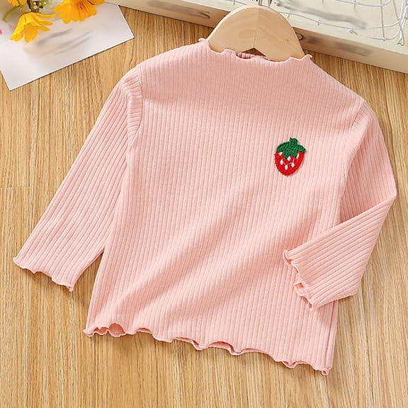 BRGZLK Girls Long Sleeve Tees Kids Trendy Solid Color Lettuce Trim Ribbed Shirts Loose Casual Small High Neck Base Tops Pink 2-3 Years
