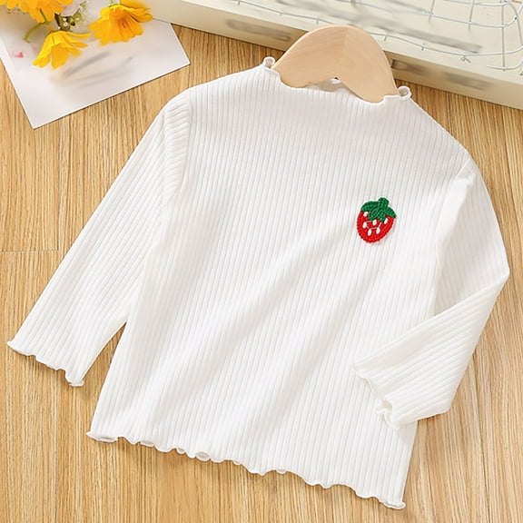 BRGZLK Girls Long Sleeve Tees Kids Trendy Solid Color Lettuce Trim Ribbed Shirts Loose Casual Small High Neck Base Tops White 3-4 Years