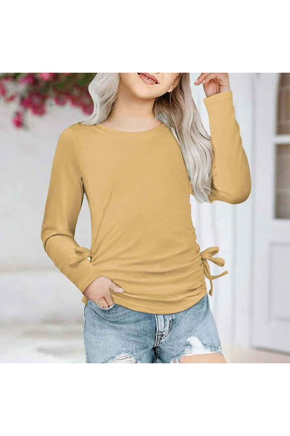 Girls Long Sleeved Shirts Kids Fall Trendy Solid Color Side Drawstring Round Neck Tunic Top Khaki 13-14 Years