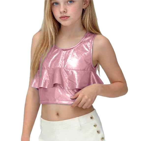 BRGZLK Girls Metallic Shiny Tank Tops Solid Color Trendy Workout Pullover Round Neck Fitted Stretch Ruffle Hem Sleeveless Camisole Halter Crop Tops Holiday Party Fitness Vest Hot Pink 13-14 Years