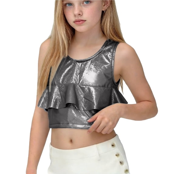 BRGZLK Girls Metallic Shiny Tank Tops Solid Color Trendy Workout Pullover Round Neck Fitted Stretch Ruffle Hem Sleeveless Camisole Halter Crop Tops Holiday Party Fitness Vest Black 7-8 Years