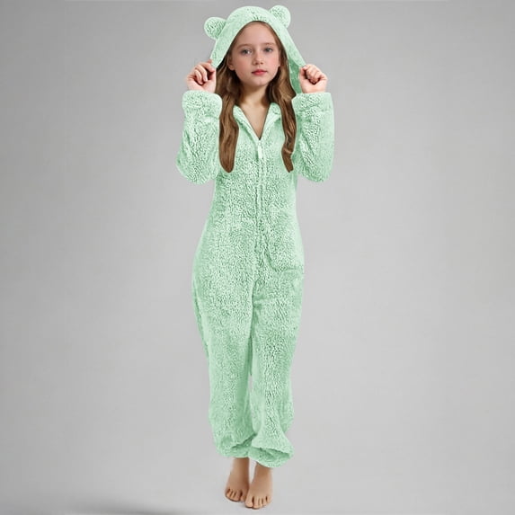 BRGZLK Girls Onesie Costume Cute Funny Hooded Costume Long Sleeve Zipper Warm Cozy Fashion Winter Warm Costume Casual Homewear Green 9-10 Years
