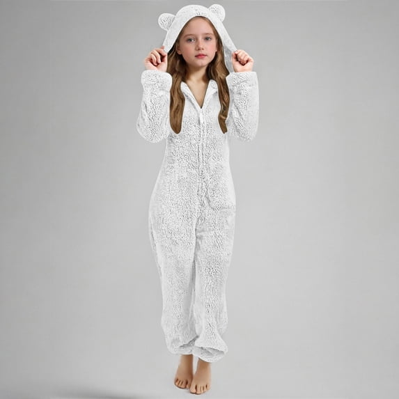 BRGZLK Girls Onesie Costume Cute Funny Hooded Costume Long Sleeve Zipper Warm Cozy Fashion Winter Warm Costume Casual Homewear White 7-8 Years