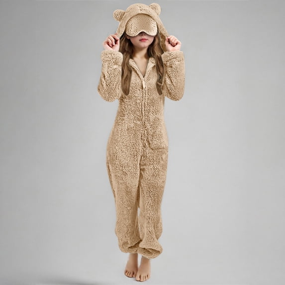 BRGZLK Girls Onesie Costume Cute Funny Hooded Costume Long Sleeve Zipper Warm Fashion Winter Warm Costume Casual Rompe with Pockets Khaki 13-14 Years