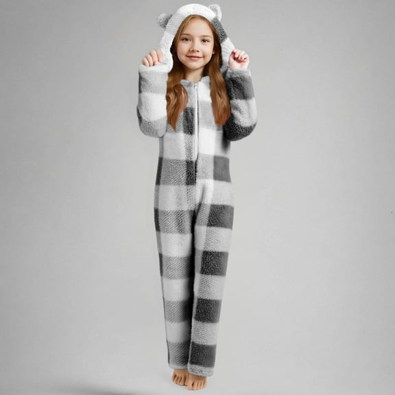 BRGZLK Girls Onesie Fuzzy Sherpa Hooded Long Sleeved One Piece Plaid Romper Loungewear Casual Winter Warm Homewear Gray 9-10 Years