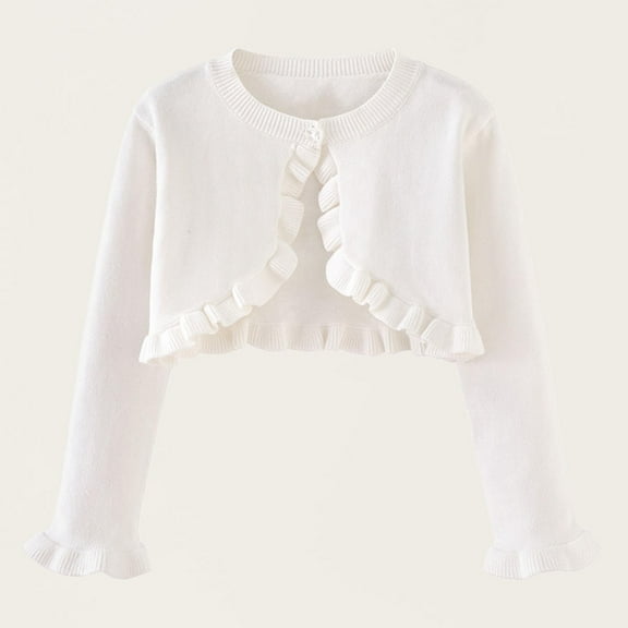 BRGZLK Girls Open Front Bolero Shrug Cute Solid Color Round Neck Long Sleeved Button Knitted Cropped Cardigan Sweater White 7-8 Years