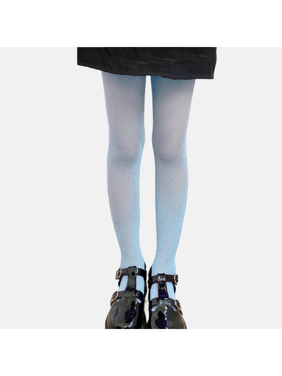 Girls Pantyhose Rhinestone Sparkly Fishnet Stockings Stretchy Tights Lightweight Leggings Long Pants for Dressy Occasions School Uniform Light Blue 5-15 Years
