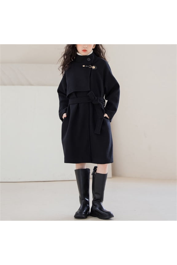 Girls Peacoat Kids Princess Winter Single Breasted Cardigan Warm Overcoat with Pockets Casual Coat with Belt Included Black 7-8 Years