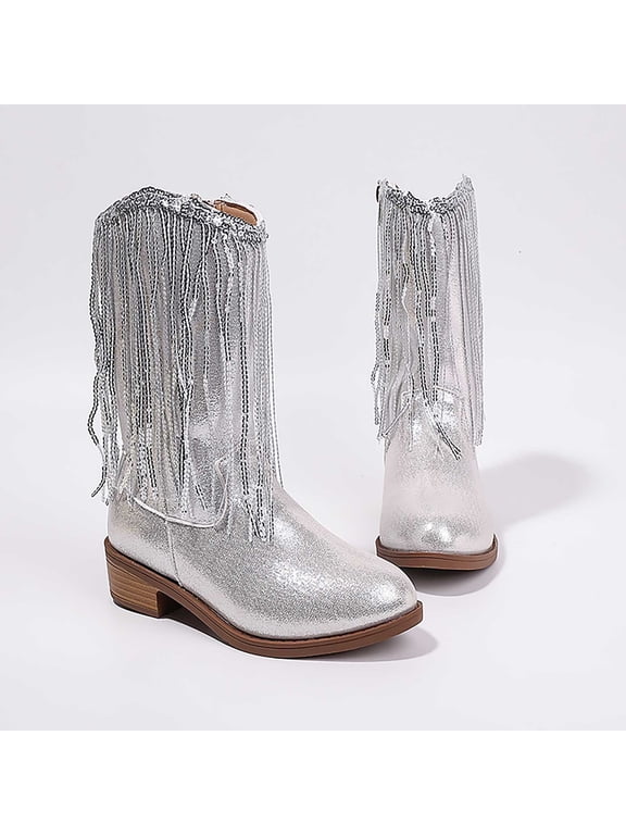 Girls Princess Boots Winter Stylish Pointed Toe Tassel Sequin Low Heels Western Cowboy Sequin Party Boots Mid Calf Riding Shoes for Party Dance Silver 5-5.5 Years