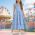thumbnail image 1 of BRGZLK Girls Princess Skirt Trendy Solid Ruffle Sleeve Square Neck Tiered Swing A-Line Dress Kids Midi Casual Summer Sundress with Zipper Blue 9-10 Years, 1 of 7