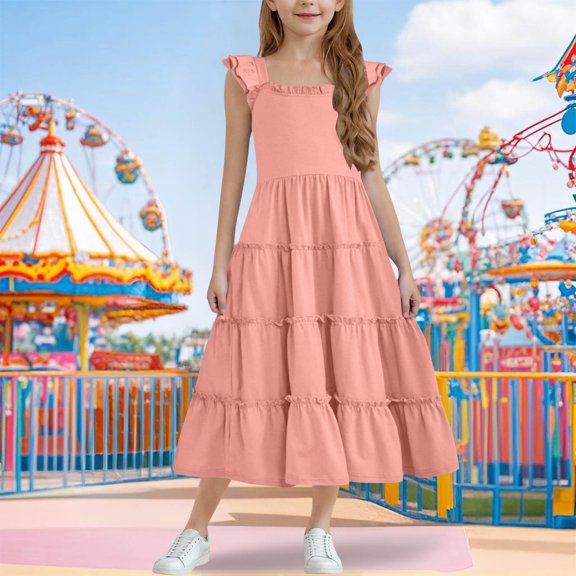 BRGZLK Girls Princess Skirt Trendy Solid Ruffle Sleeve Square Neck Tiered Swing A-Line Dress Kids Midi Casual Summer Sundress with Zipper Pink 7-8 Years