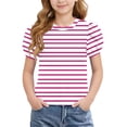 thumbnail image 1 of BRGZLK Girls Puff Sleeve Tops Kids Summer Striped Crewneck Short Sleeve T Shirts Soft Comfortable Casual Basic Tees Pink 4-5Y, 1 of 8
