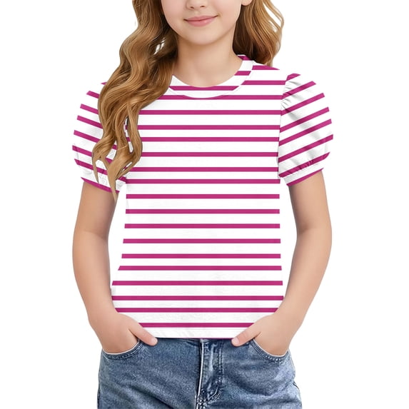 BRGZLK Girls Puff Sleeve Tops Kids Summer Striped Crewneck Short Sleeve T Shirts Soft Comfortable Casual Basic Tees Pink 4-5Y