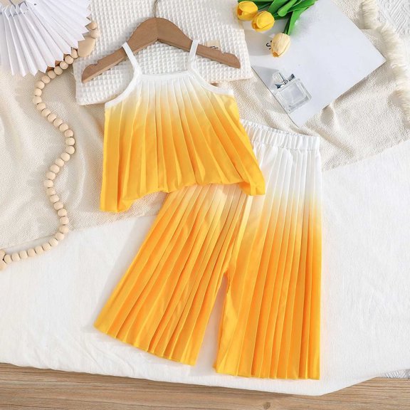 BRGZLK Girls Rainbow Outfits Fashion Summer Little Fresh Gradient Round Neck Straps Top and Pleated Wide Leg Pants Two Pieces Set Yellow 2-3 Years