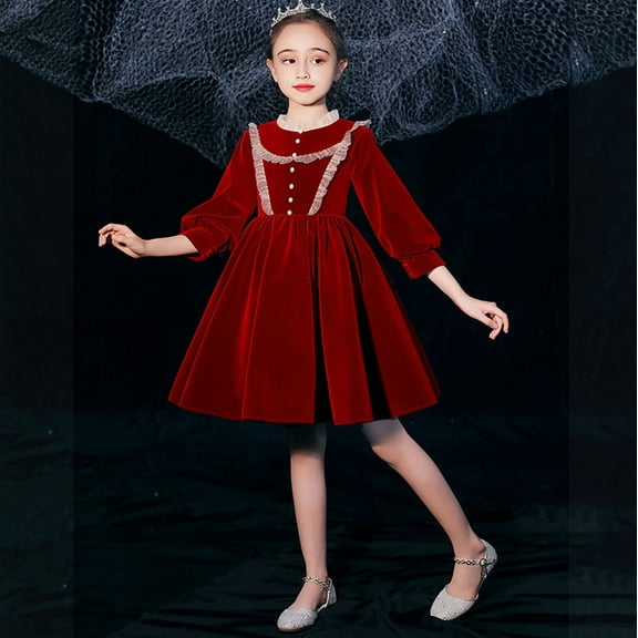 BRGZLK Girls Red Velvet Dress Girl Solid Color Long Sleeve Vintage Princess Dress Trendy Cute Lace Crew Neck Dresses Fleece Lined 13-14 Years
