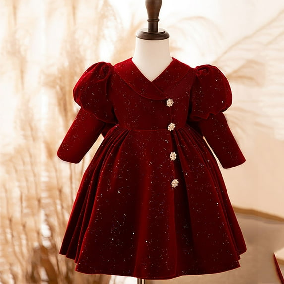 BRGZLK Girls Red Velvet Dress Girl Solid Color Long Sleeve Vintage Princess Dress Trendy Cute Lace Crew Neck Dresses No Fleece A 4-5 Years