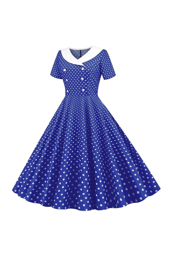 Girls Retro Dress Short Sleeve Hepburn Style Polka Dot A Line Midi Dresses Waist-Cinching Button-Down Party Evening Prom Gowns Blue 12 Years