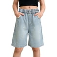 thumbnail image 1 of BRGZLK Girls Ripped Jean Shorts Summer Trendy Cute Bow Rhinestone Elastic Waist Denim Shorts with Pockets for Kids Blue E 6-7 Y, 1 of 6