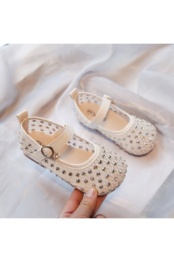 Girls Rivet Flat Shoes Summer 2026 Cut-Out Closed Toe Slip-On Comfortable Breathable Ballet Dress Shoes for Wedding Birthday Beige 7.5-8 Years