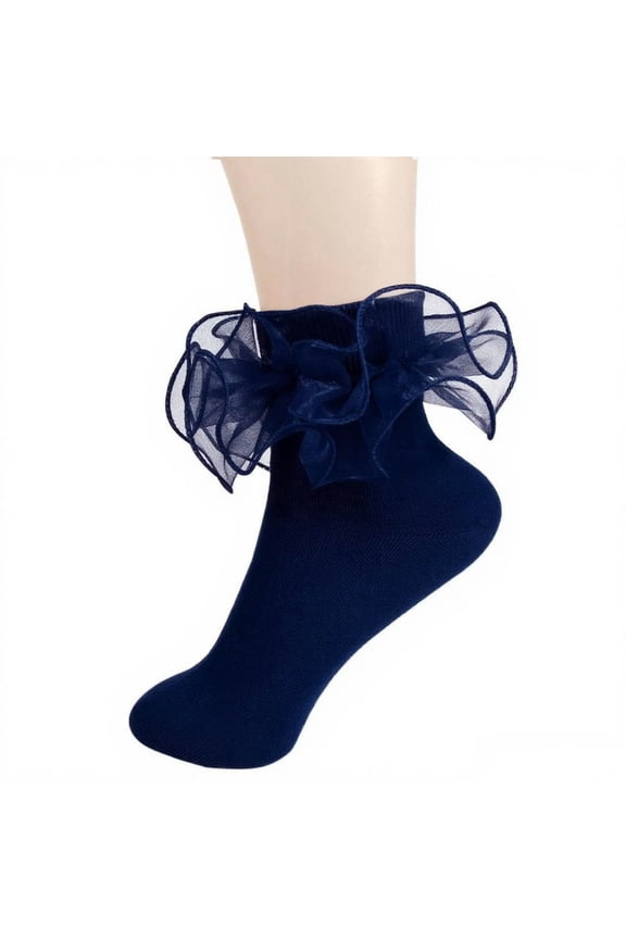 Girls Ruffle Ankle Socks Solid Color Lace Trim Cuff Sock Cute Princess Frilly Dress Socks Breathable Comfortable Crew 80s Fancy Bobby Bride Sock Navy 4-6 Years