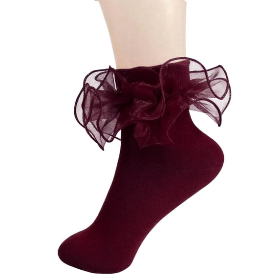 BRGZLK Girls Ruffle Ankle Socks Solid Color Lace Trim Cuff Sock Cute Princess Frilly Dress Socks Breathable Comfortable Crew 80s Fancy Bobby Bride Sock Wine 4-6 Years