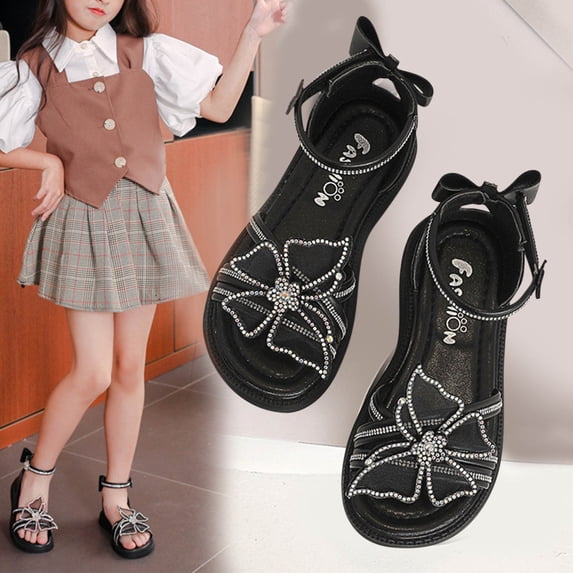 BRGZLK Girls Sandals Cute Butterfly Ankle Strap Dressy 2026 Summer Soft Sole Open-Toe Princess Shoes Wedding Bridal Flats Sandal Black 10-11 Years