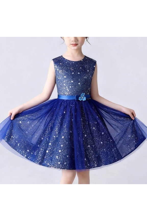 Girls Sequin Dress Star Sequin Mesh Skirt Tween Girl Sleeveless Round Neck Prom Party Dress Performance Costume Blue 5-6 Years