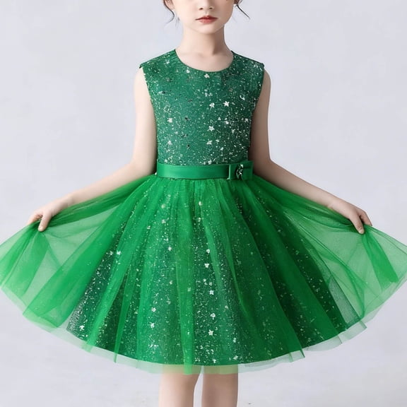 BRGZLK Girls Sequin Dress Star Sequin Mesh Skirt Tween Girl Sleeveless Round Neck Prom Party Dress Performance Costume Green 5-6 Years